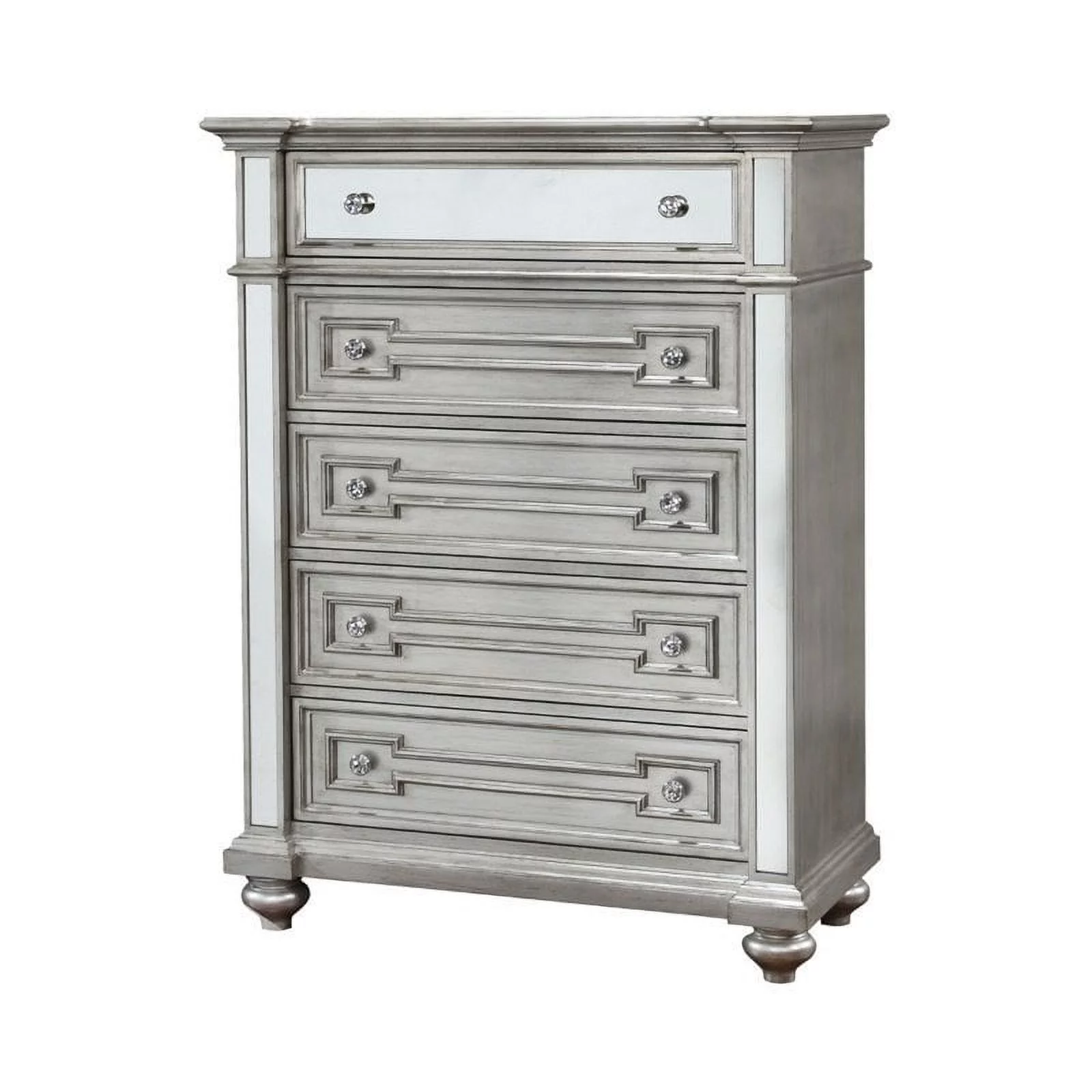 Bowery Hill 5 Drawer Mirrored Chest in Silver
