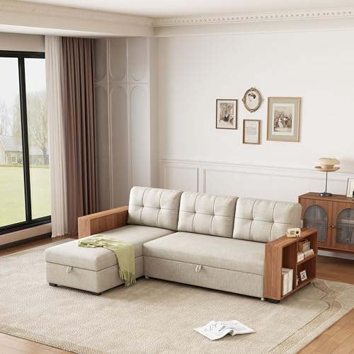 L Shaped Pull Out Couch Bed with Storage Chaise