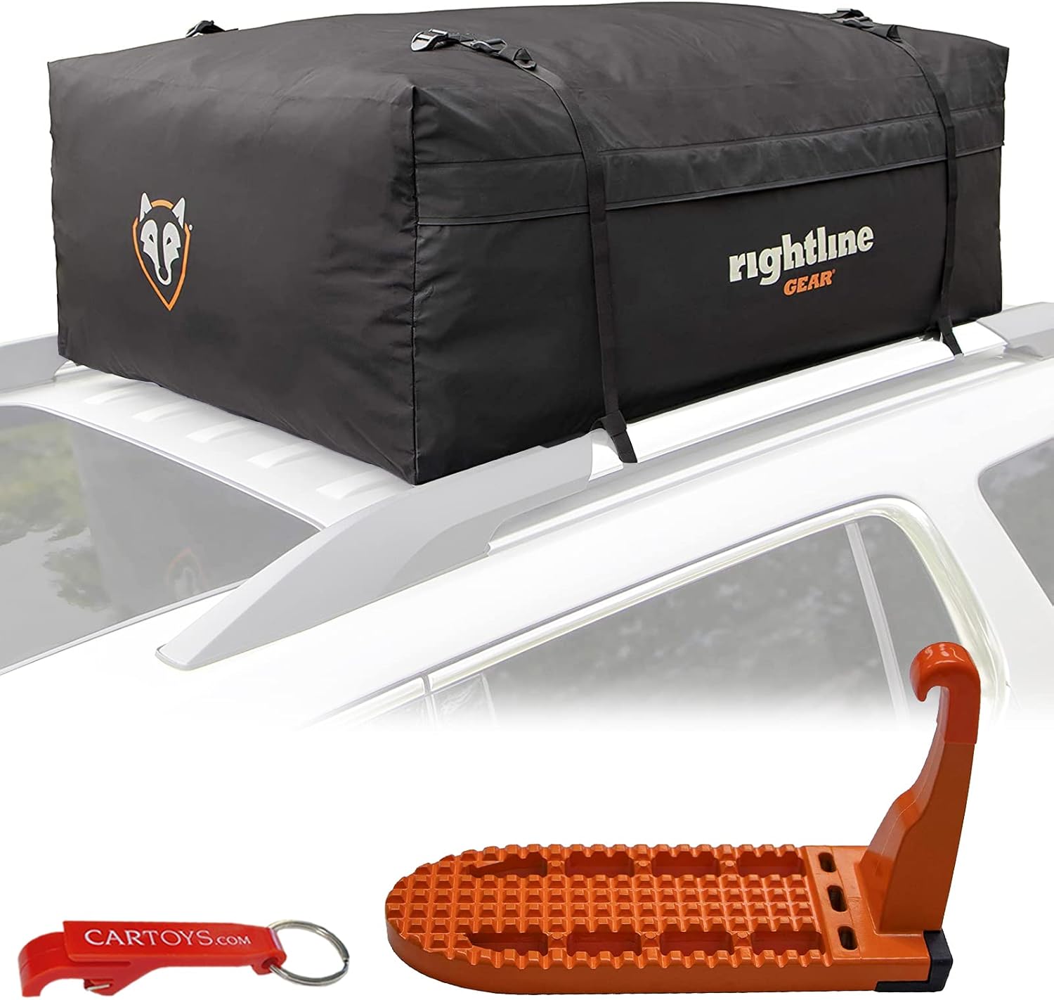 Rightline Gear Range 3 Car Top Carrier & Moki Door Step (Helps You Reach Roof) Bundle. Water-Resistant Overhead Cargo Solution for SUVs
