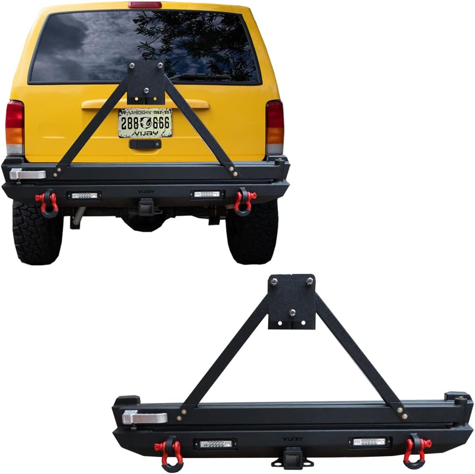 Vijay Rear Bumper With LED Lights and Tire Carrier Compatible with 1984-2001 Cherokee XJ