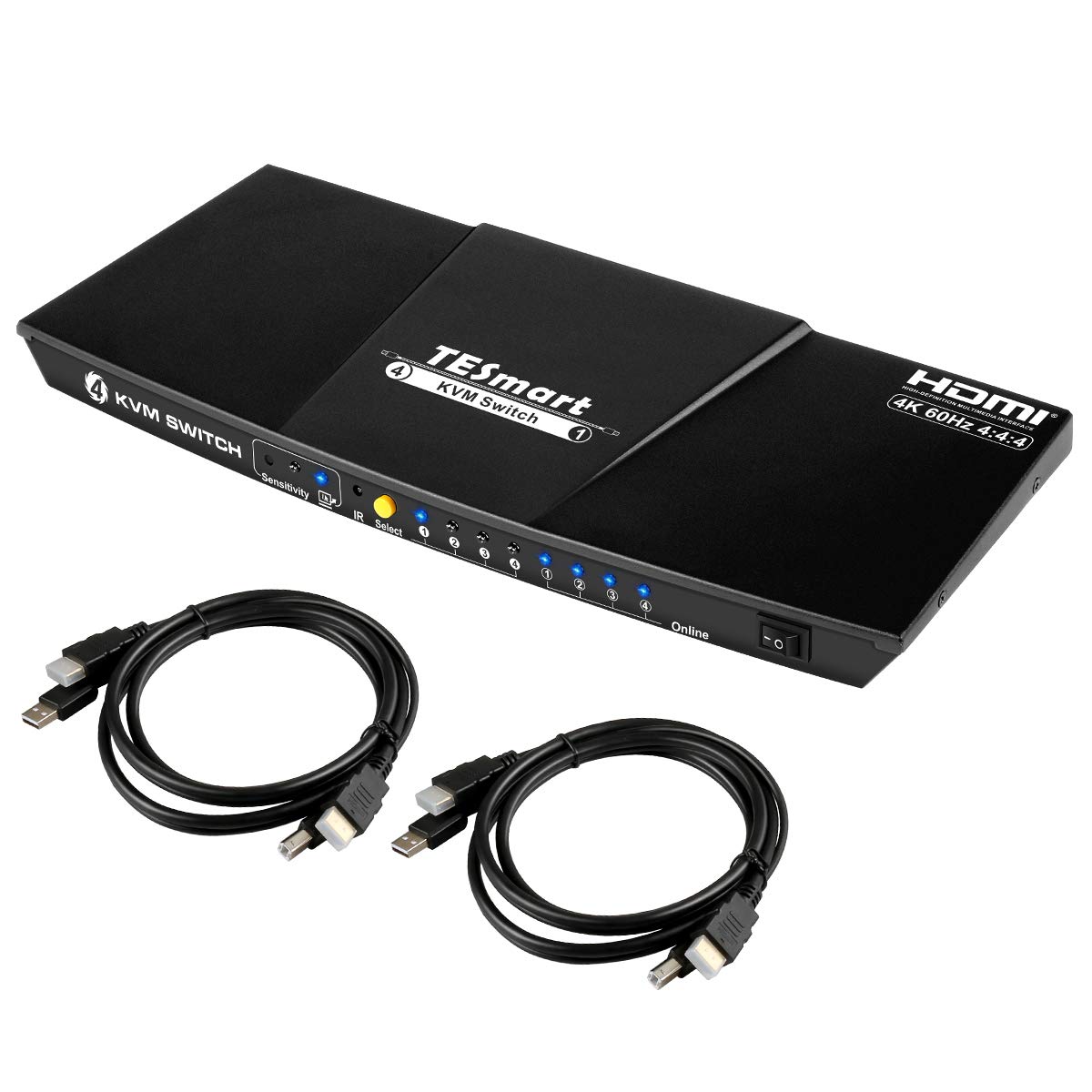 TESmart HDMI 4K Ultra HD 4x1 HDMI KVM Switch 3840x2160@60Hz 4:4:4 with 2 Pcs 5ft KVM Cables Supports USB 2.0 Device Control up to 4