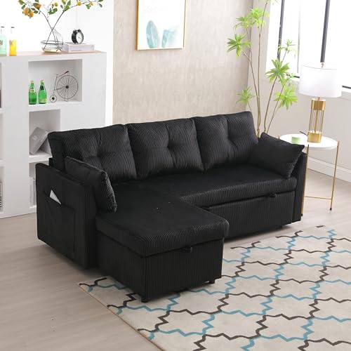 Convertible Sofa Bed Sleeper, 3 Seater L-Shaped Sleeper Sectional Sofa with Storage Chaise, Comfy Corduroy Couch