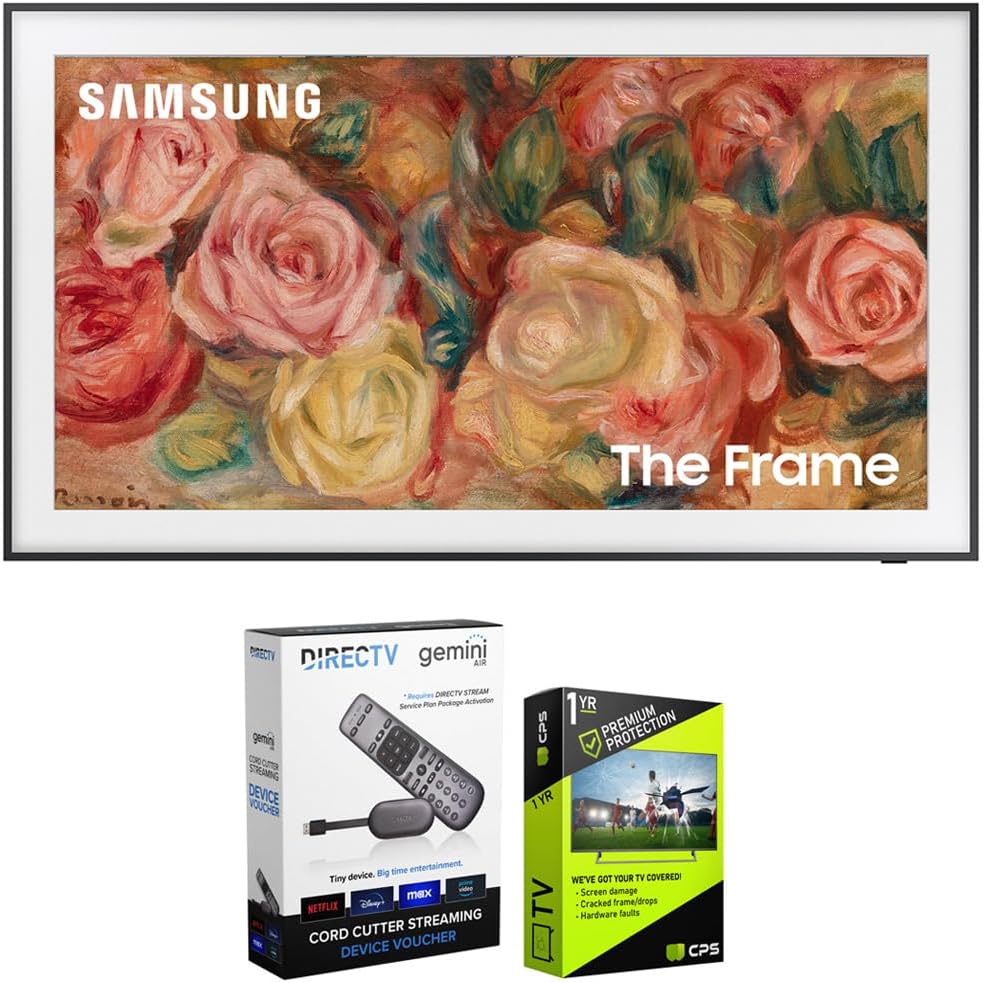 Samsung QN75LS03DA 75 inch The Frame QLED 4K Smart TV (2024 Model) Bundle with Redeemable DIRECTV Gemini Air Streaming Device and 1 YR CPS Enhanced