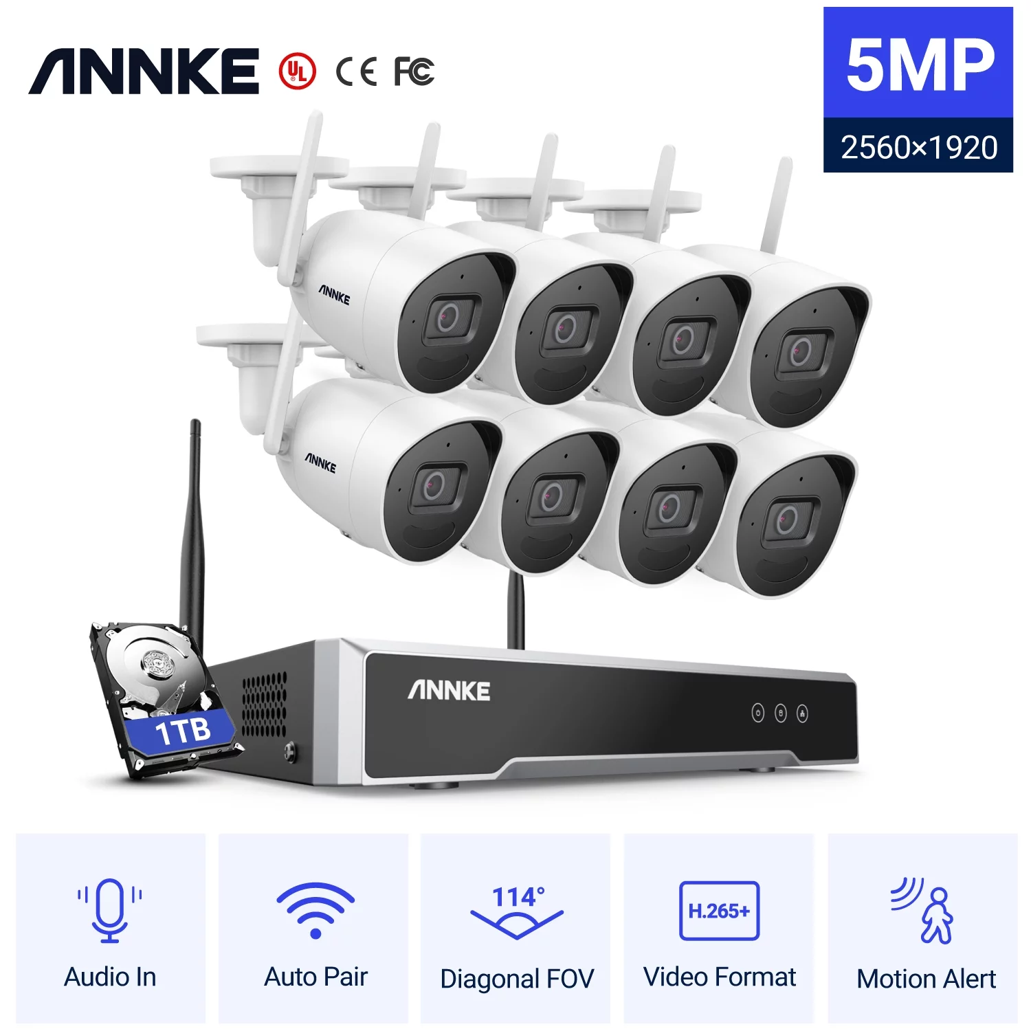 ANNKE 8-channel NVR IP Video Surveillance Kit with 8pcs 5MP Cameras 100 ft Night Vision, Audio Record,Indoor & Outdoor WiFi Surveillance