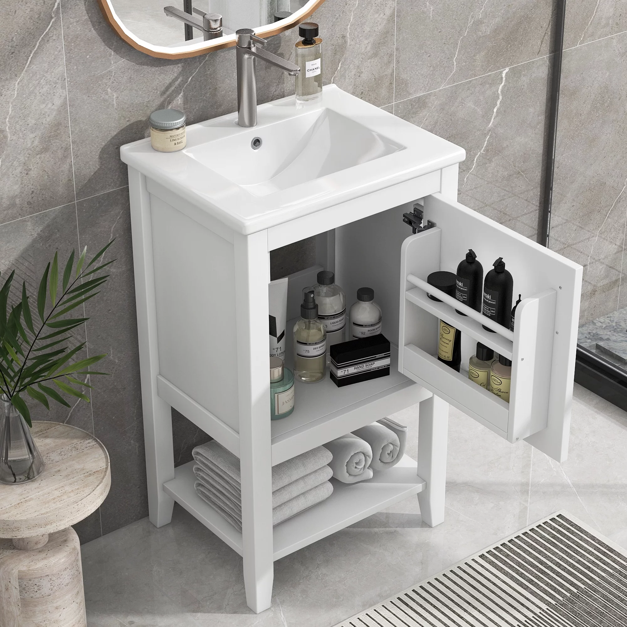EUROCO 20" Bathroom Vanity with Sink, Bathroom Cabinet with Soft Closing Door, Storage Rack and Open Shelf, White - Curated Treasures Market