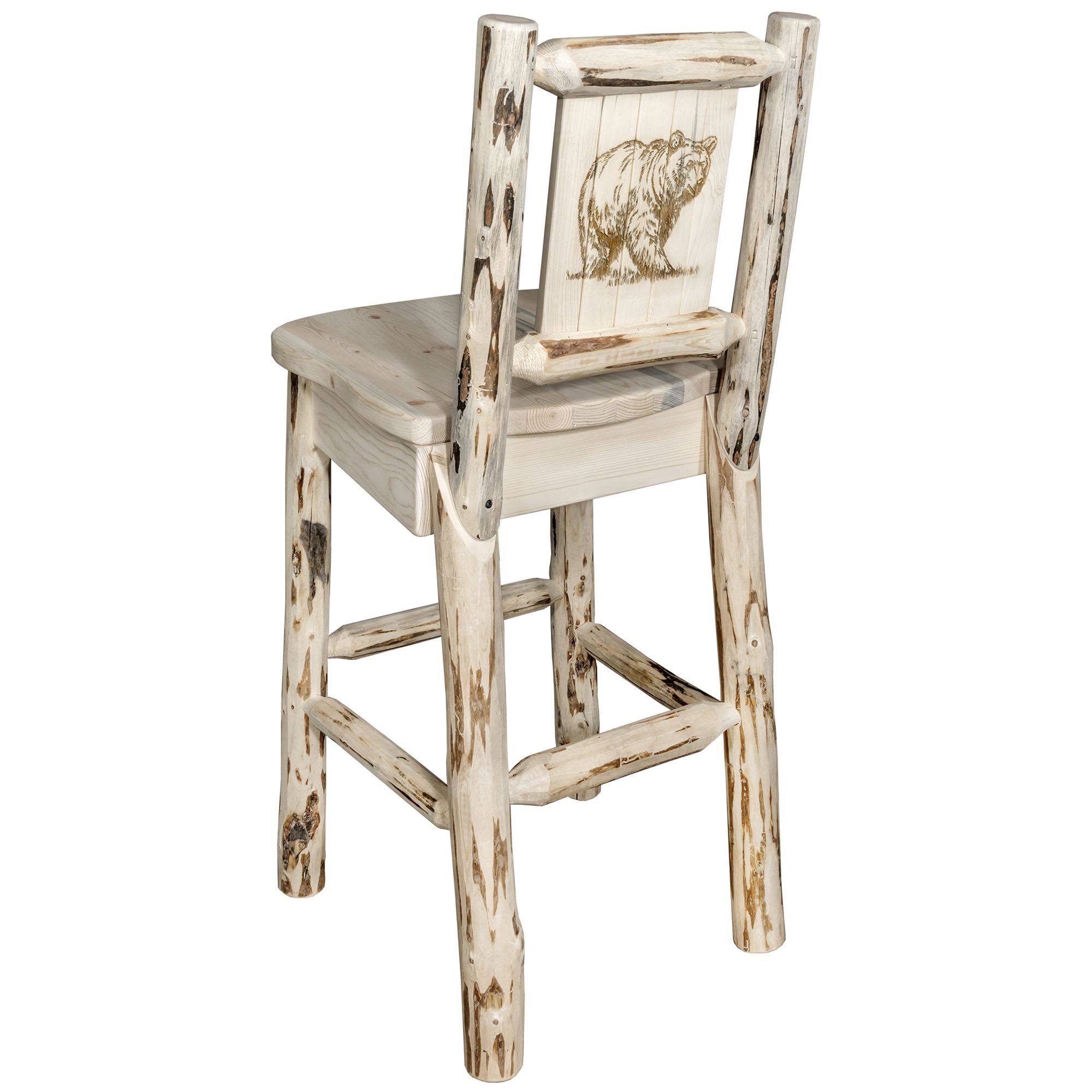 Montana Woodworks MWBSWNRV24LZBEAR Counter Height Back Barstool with Laser Engraved Bear Design Clear Lacquer Finish