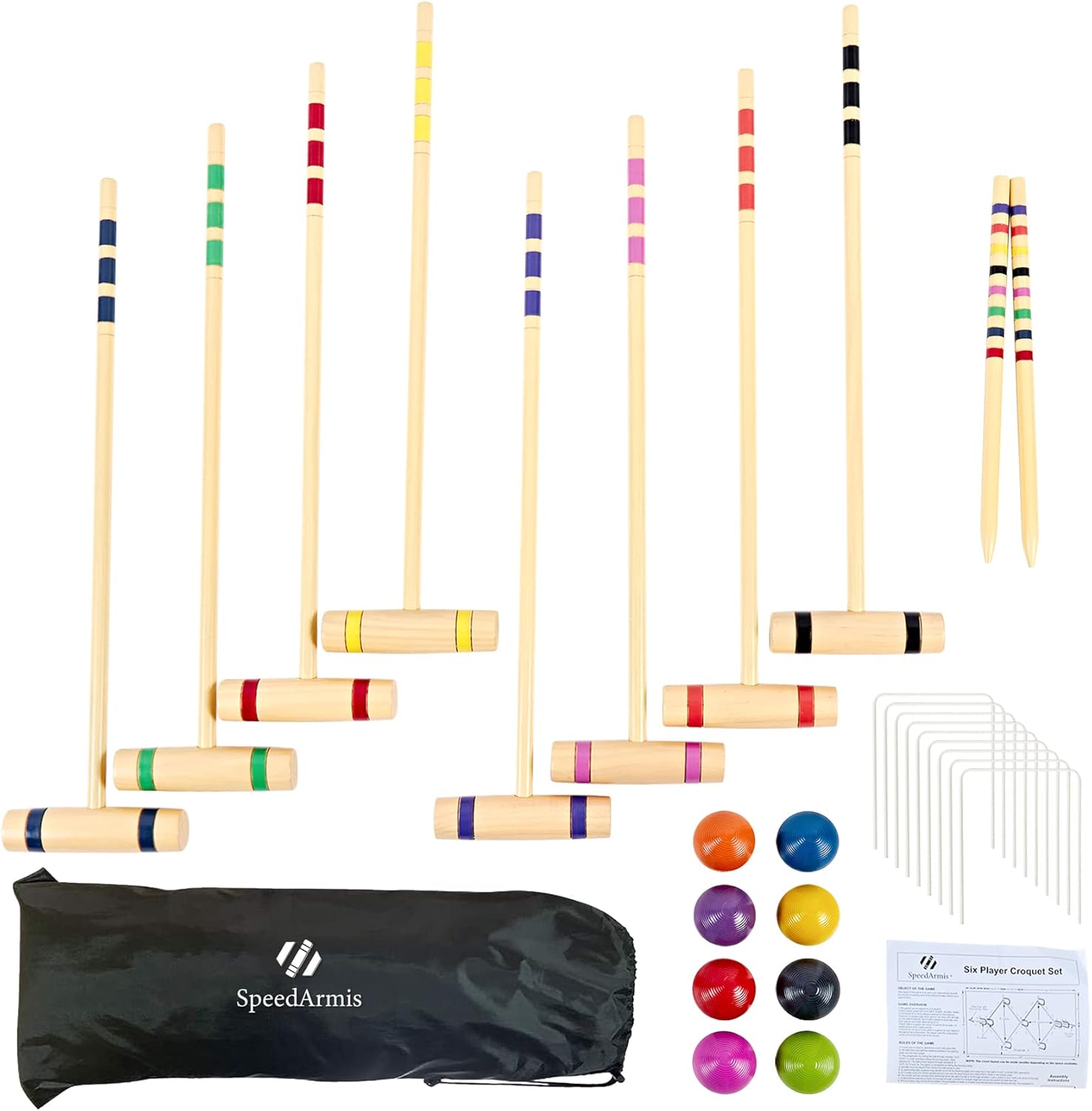 SpeedArmis 8 Players Croquet Set with 28In Pine Wooden Mallets, Colored PE Ball, Wickets, End Stakes