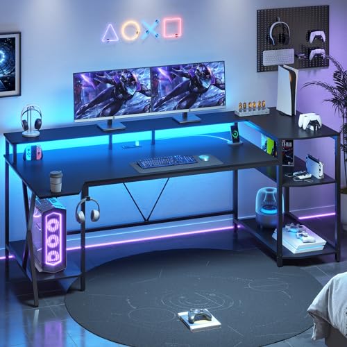 SEDETA Gaming Desk 70.8'' with LED Lights and Storage Shelves, Computer Desk with Monitor Stand, Power Outlets and Cup Holder, Large PC Gamer Desk
