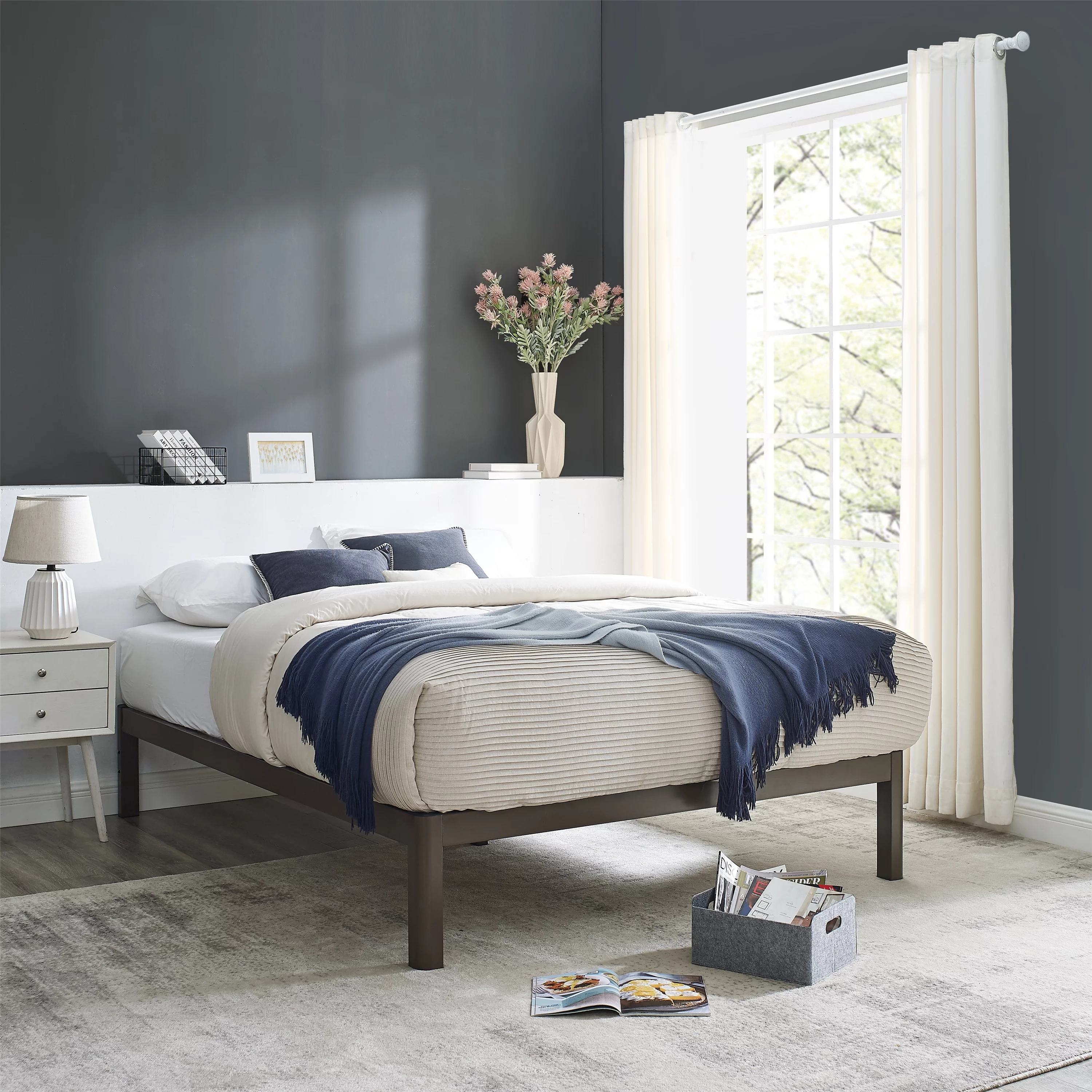 Mainstays Wood Slat Bronze Metal Platform Bed Frame, Queen