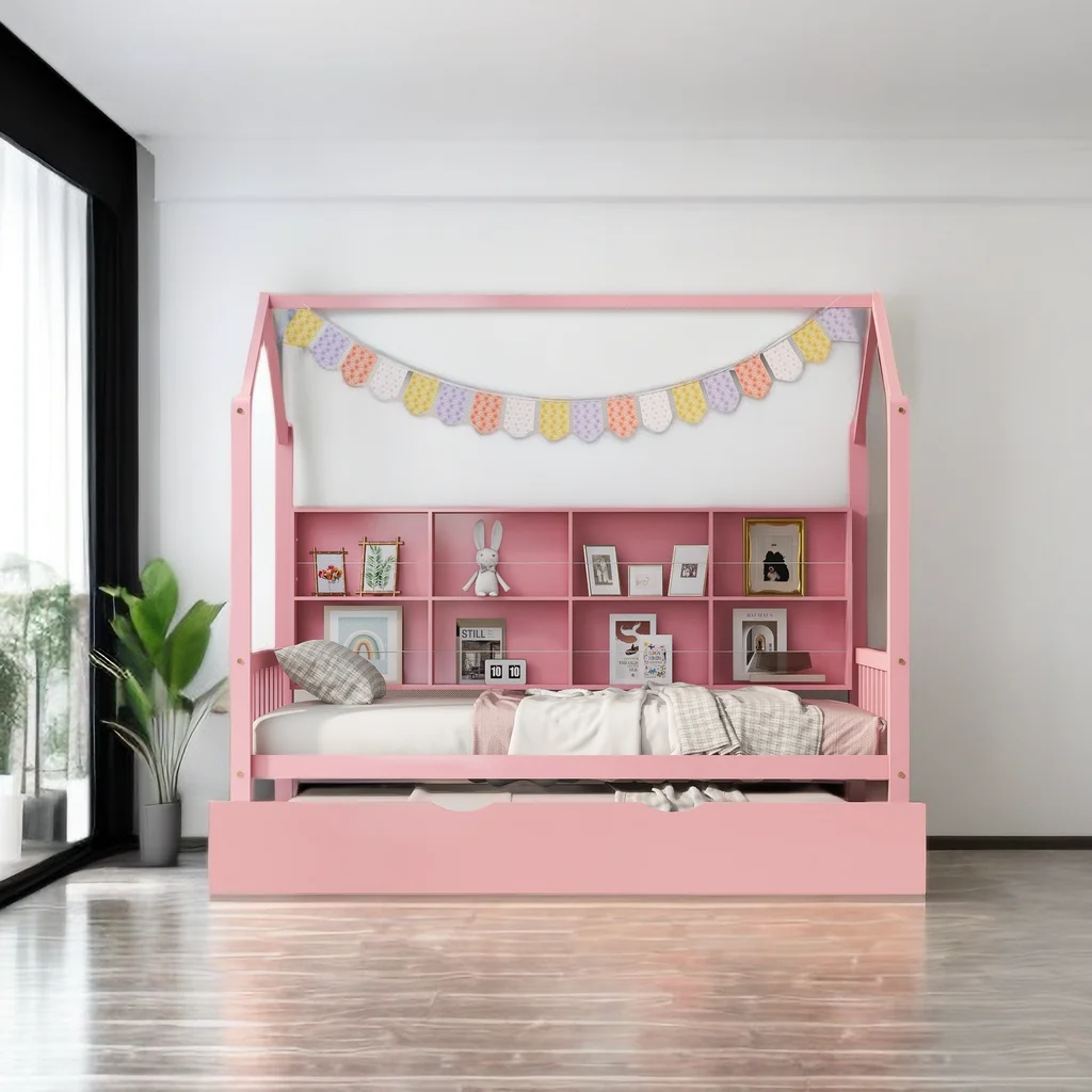 Wooden Twin Size House Bed with Trundle, Kids Bed with Storage Shelf, House Shaped Bed Platform Bed for Kids