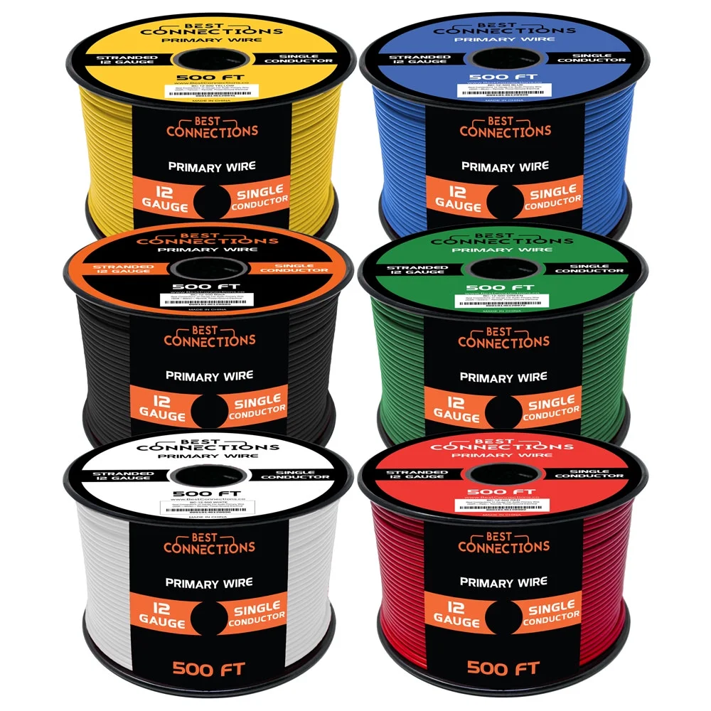 BEST CONNECTIONS 12 Gauge Automotive Primary Wire (500ft Each 6 Color Bundle Set) | Ideal for Trailer, and Lighting Circuits | Durable Primary/Remote