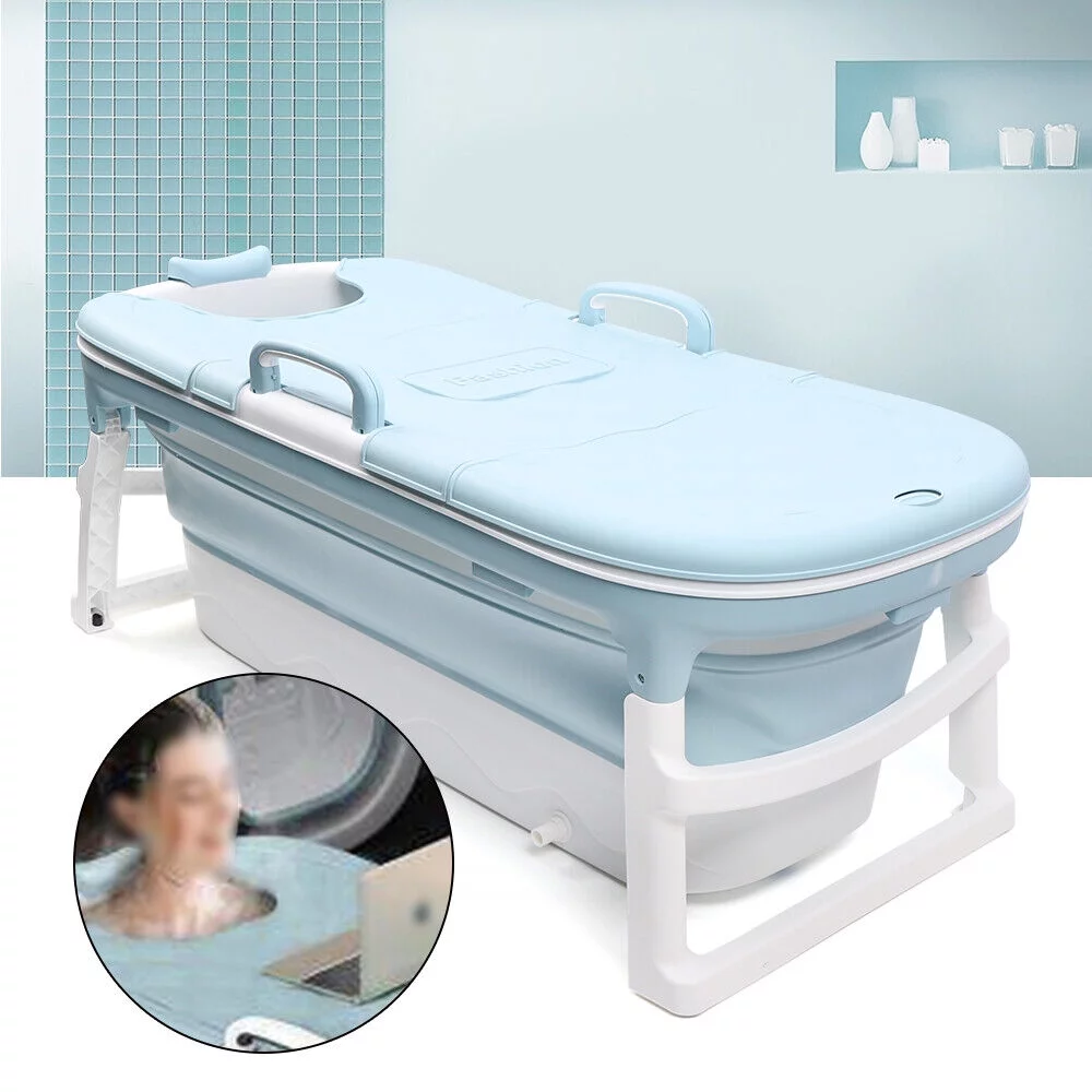 ZhdnBhnos 54'' Portable Bathtub Water Tub Folding Spa Bath Bucket Barrel Free-Standing Plastic Soaking Tub w/ Lid - Curated Treasures Market