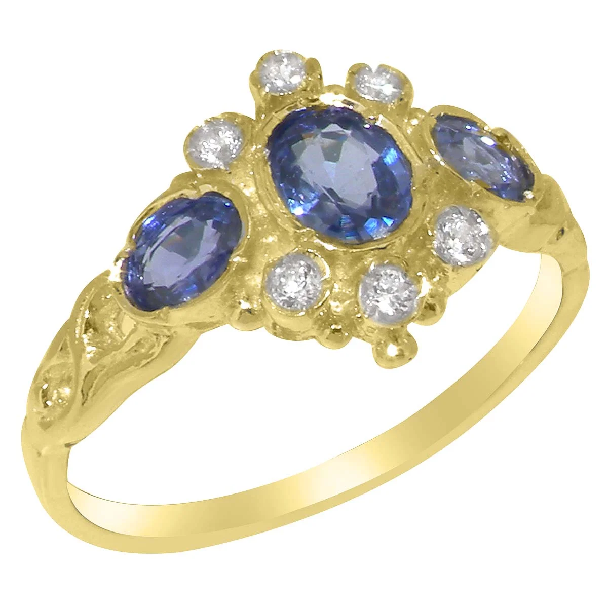 LBG English Made 9k Yellow Gold Natural Sapphire & Diamond Womens Anniversary Ring - Size 9