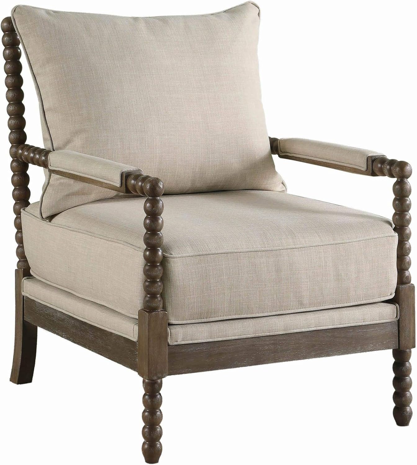 Benjara Cushioned Back Fabric Upholstered Spindle Accent Chair, Beige and Brown