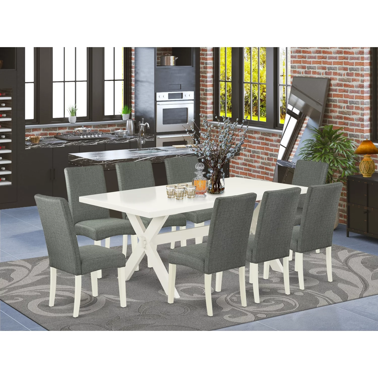 East West Furniture X027DR207-9 - 9-Piece Small Dining Table Set - 8 Parson Chairs and Dining Room Table Solid Wood Structure