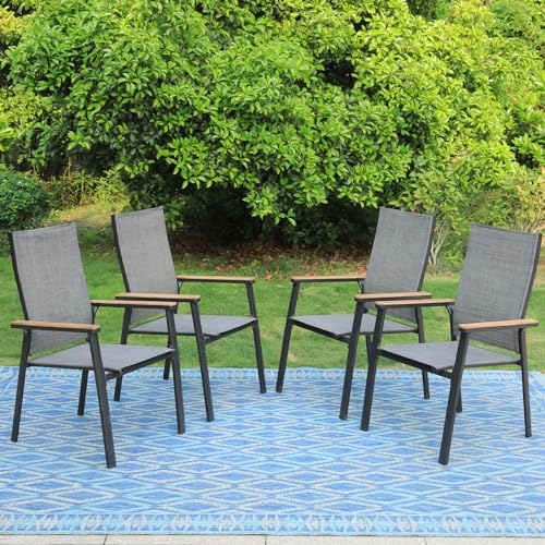 PHI VILLA Outdoor Stackable Dining Chairs Set of 6（Beige,Lightweight Aluminum Frame with Textilene Fabric & Wider Armrest,Easy to Store