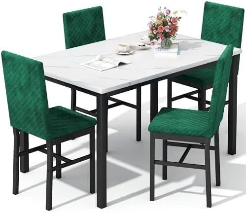RUNFAYBIU Dining Table Set for 4 Kitchen Table and Chairs Set of 4 Faux Marble Dining Room Table Set Dinner Table with 4 Velvet Upholstered Dining