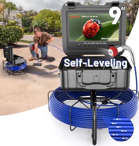 Self-Leveling Sewer Camera 100FT, Anysun 9" HD Screen Pipe Borescope Drain Inspection with 12pcs LED Light, DVR Recorder with 32GB Card