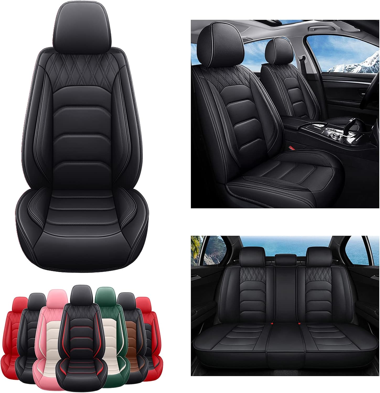 SOGLOTY Leather Car Seat Covers Leatherette Automotive Vehicle Cushion Cover for Cars SUV Pick-up Truck Universal Seat Protector Waterproof Full Set