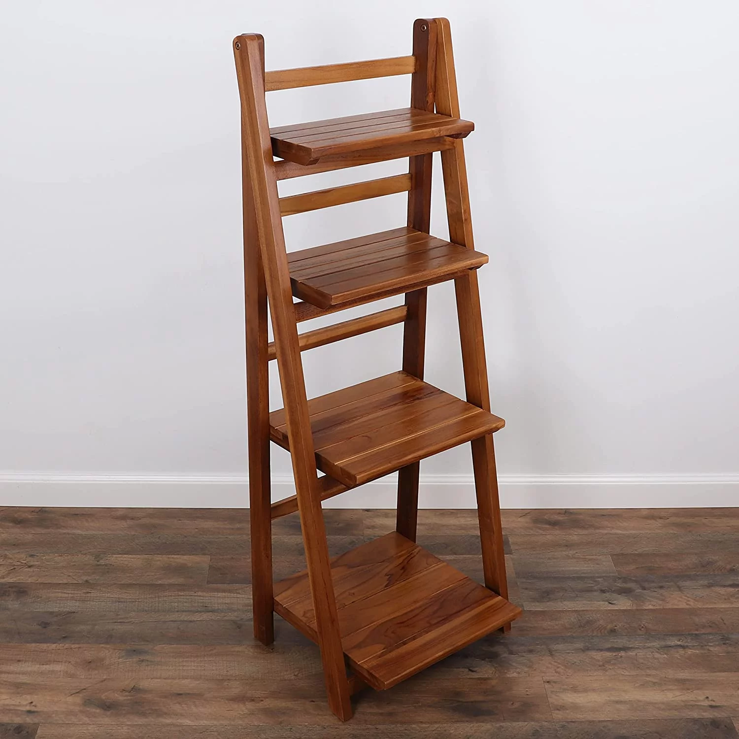 Teak Ladder  - Wooden Ladder Bookshelf - Leaning Bookshelf - Rustic Bookcase - Folding Bookcase -