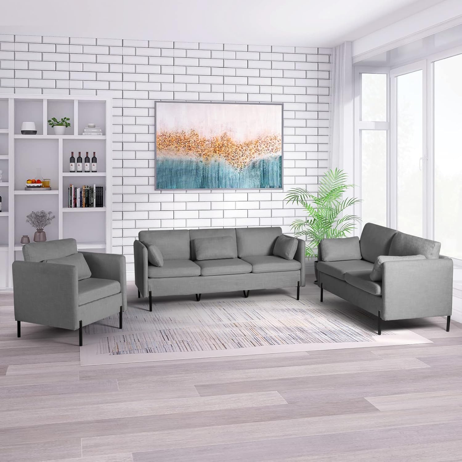 3 PCS Living Room Sofa Set, Modern Upholstered Armchair Loveseat Couches w/Rectangle Pillows, Including 3-Seater Sofa, Loveseat and Sofa Chair