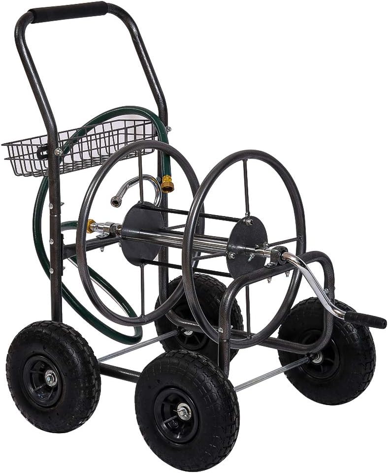 Garden Hose Reel Cart, Hose Reel Cart with Wheels, Durable Powder Coat Finish, Storage Basket Design, Holds 300- Feet of 5/8 Inch Hose