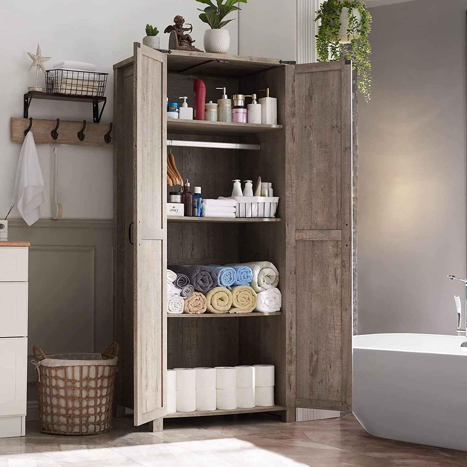 OKD Kitchen Pantry w/Barn Door Storage Cabinet w/Hanging Rod for Bathroom, Utility Room, Light Rustic Oak - Radiant Selections