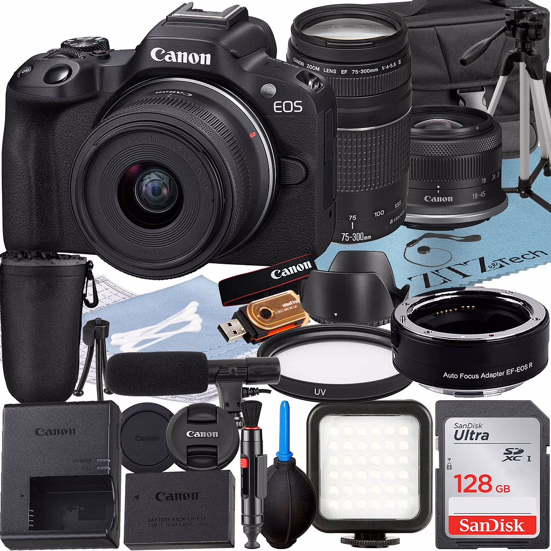 Canon EOS R50 Mirrorless Camera with RF-S 18-45mm + EF 75-300mm Lens + Mount Adapter + SanDisk 128GB Memory Card + Case + LED Flash + ZeeTech