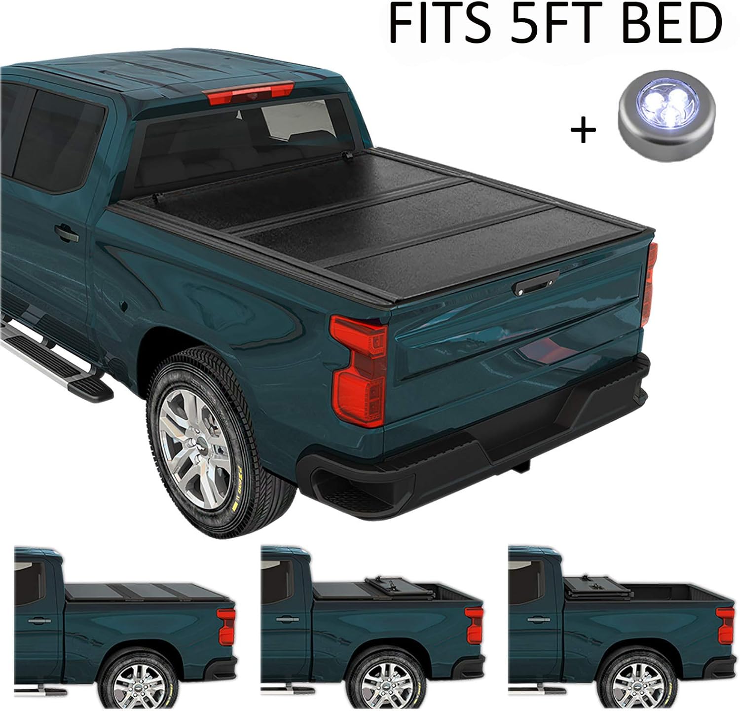 CARMOCAR Hard Tri-Fold Tonneau Cover | 5FT Short Bed | Pickup Truck Bed Covers for Nissan Frontier 2005-2021 | Truck Bed Cover Accessories with Led