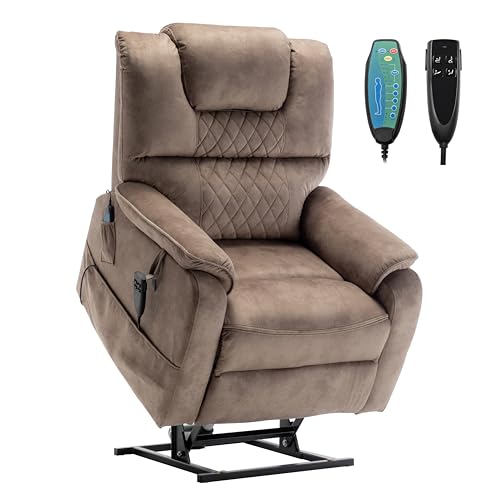 Oversized Power Lift Recliner Chair for Elderly with Massage Heat, Brown Velvet Electric Lay Flat Recliners with Cup Holders, Side Pockets