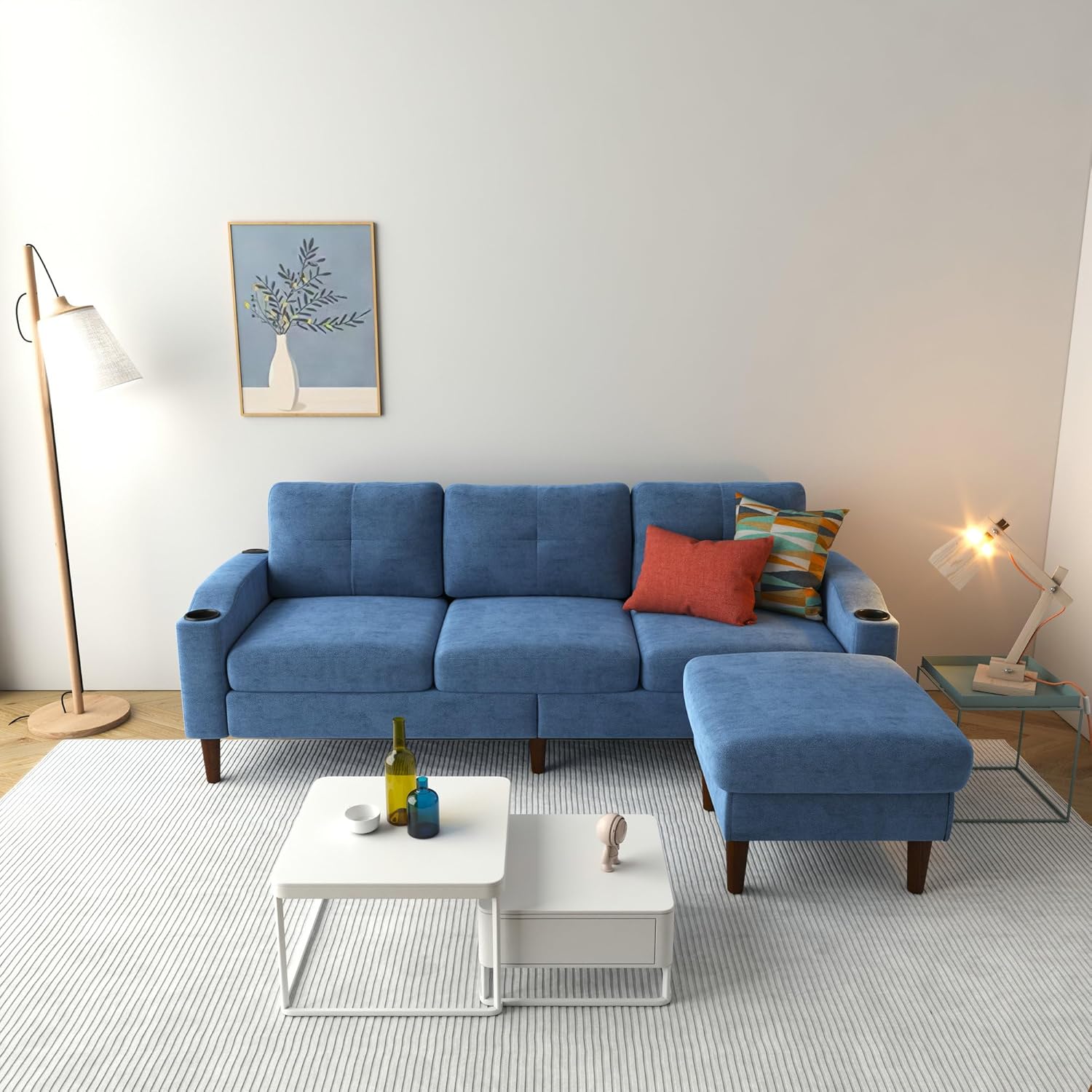 LUMISOL L-Shape Sectional Sofa with Storage Cabinet Footstool for Living Room, 3-Seater Comfortable Fabric Combo Sofa for Office Apartment, Navy Blue