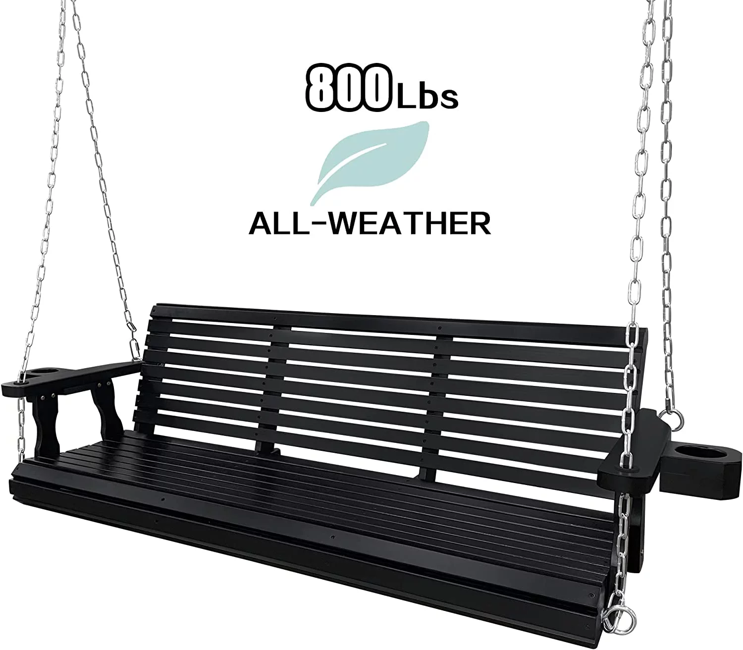 Wooden Porch Swing 3 Seater, 800 lbs Bench Swing for Outdoor Patio Garden Yard, 5 feet Black
