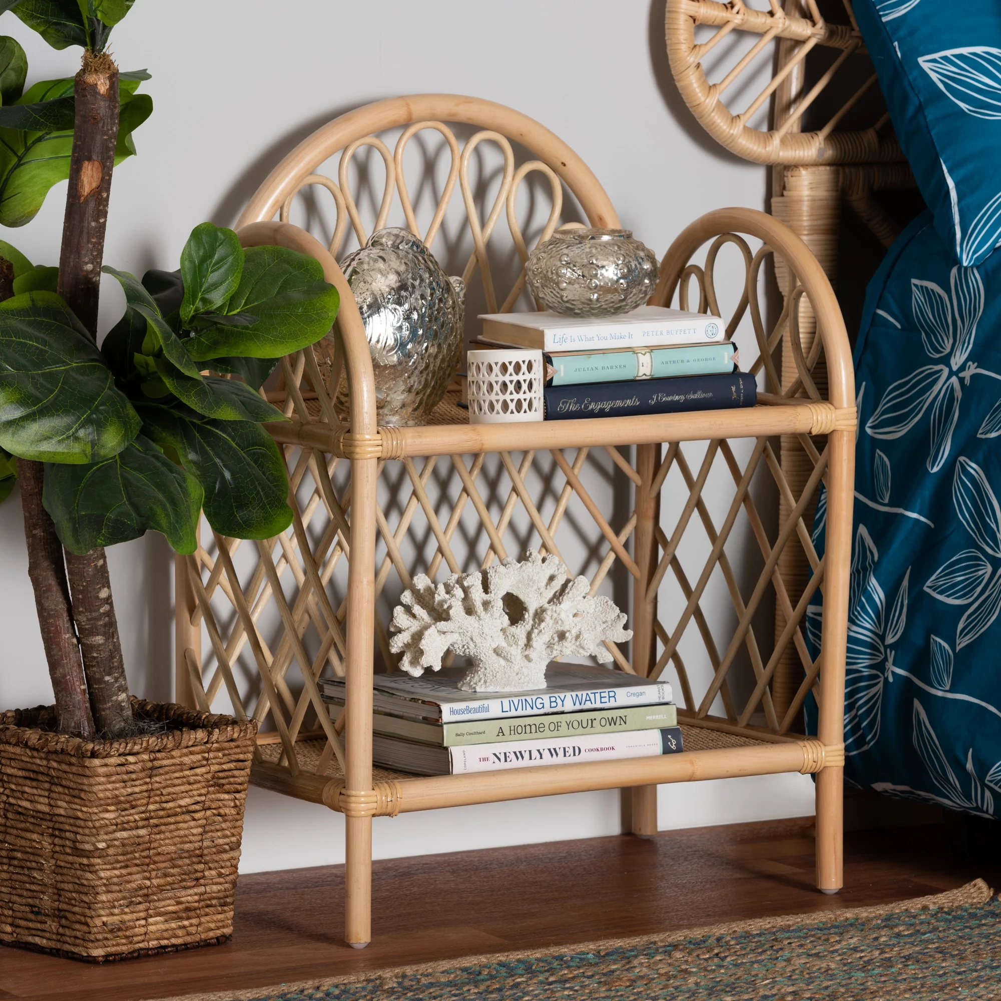 bali & pari Hammond Modern Bohemian Natural Brown Rattan 2-Tier Display Shelf