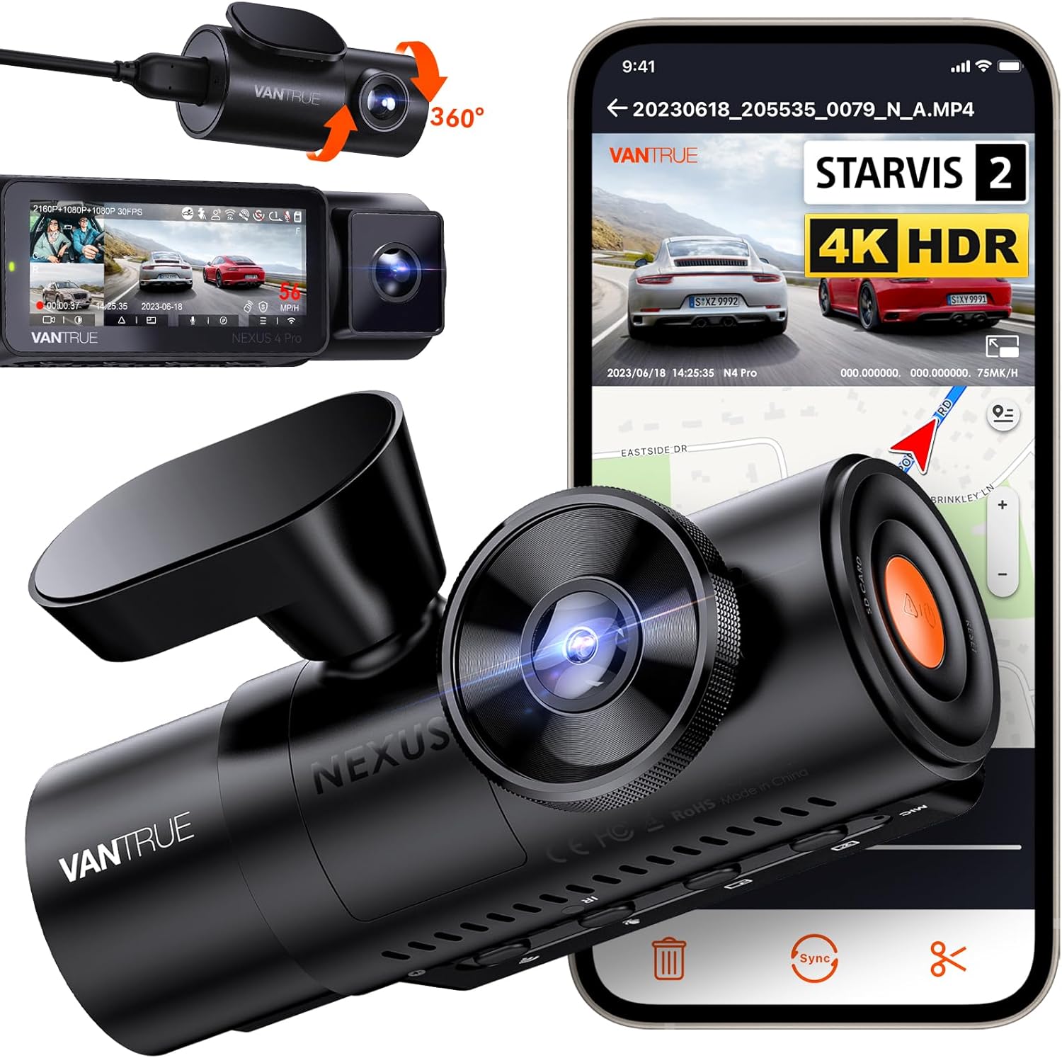 Vantrue N4 Pro 3 Channel 4K WiFi Dash Cam, STARVIS 2 IMX678 Night Vision, 4K+1080P+1080P Front Inside and Rear Triple Car Camera, Voice Control, GPS