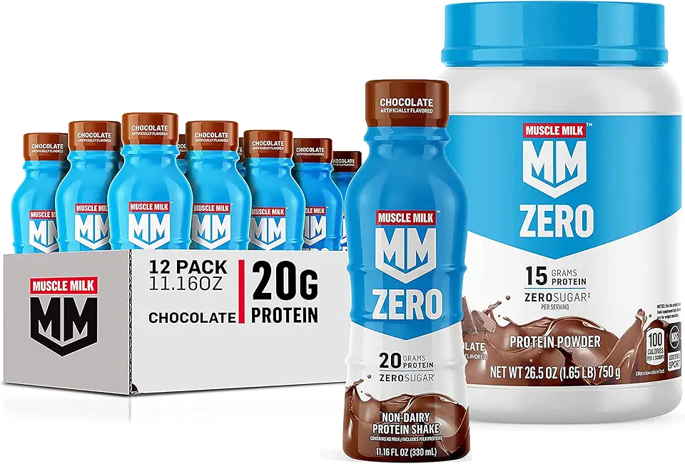 Muscle Mik ZERO Shake, Chocolate, 11.16 Fl Oz Bottles (Pack of 12) + Muscle Milk Zero, 100 Calorie Protein Powder, Chocolate, 15g Protein, 1.65 Pound