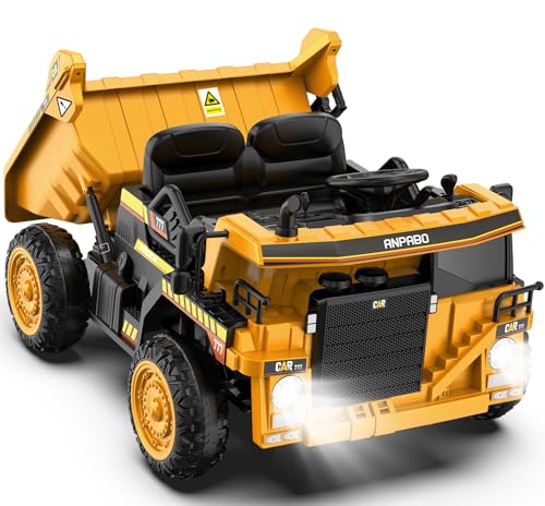 ANPABO Ride on Dump Truck, 12V Ride on Car with Remote Control, Electric Dump Bed and Extra Shovel, Ride on Construction Vehicle with Music Player