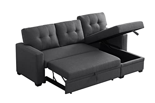 L-Shape Sectional Pull-Out Bed Sofa,3-Seaters Convertible Sleeper Storage Chaise and Linen Upholstered Couch w/Arms for Living Room, Apartment