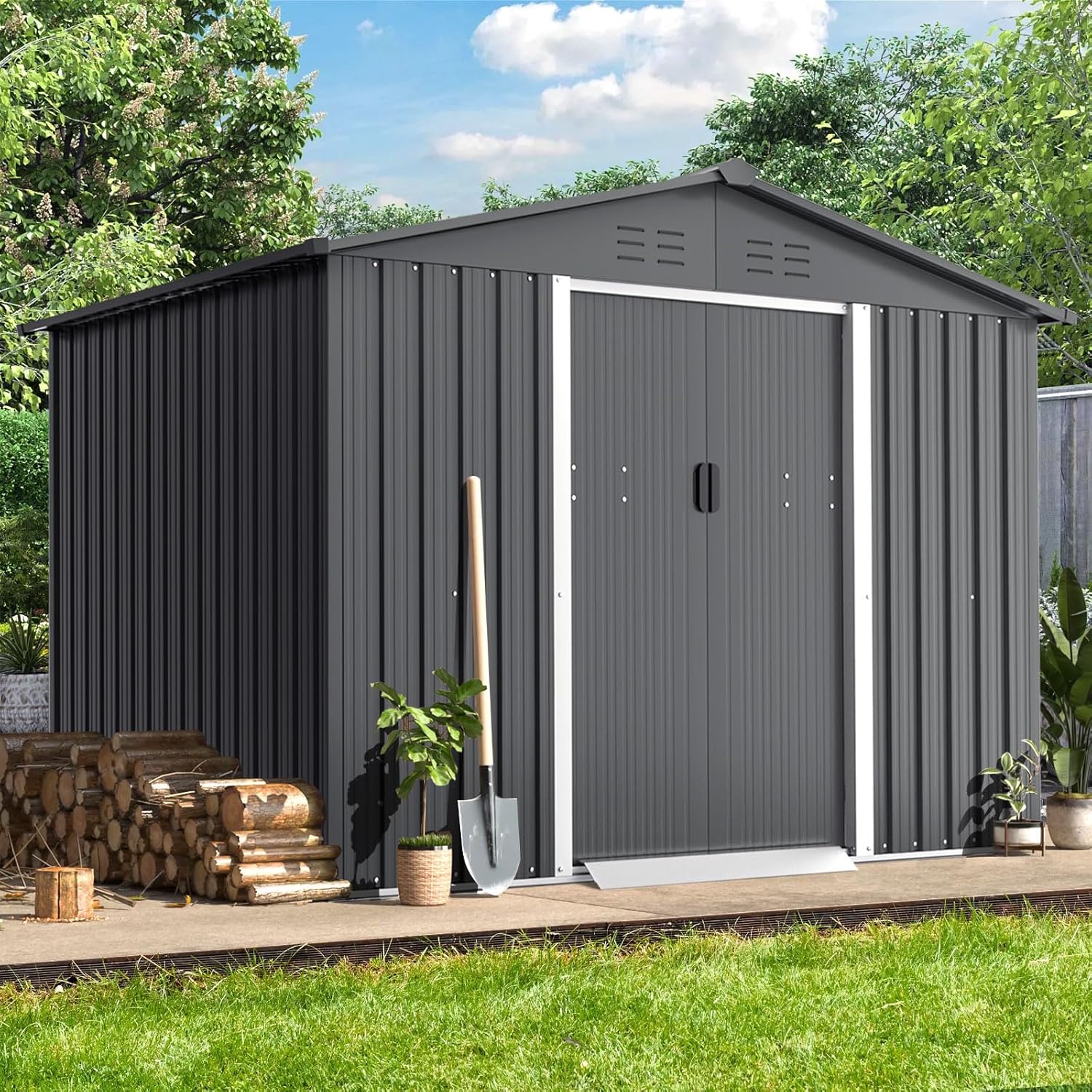 Outdoor 6 x 8 Feet Tool House with French Door Backyard Garden Storage Shed Outdoor Lawn Steel Roof Style Shed, Garden(Grey), Gray