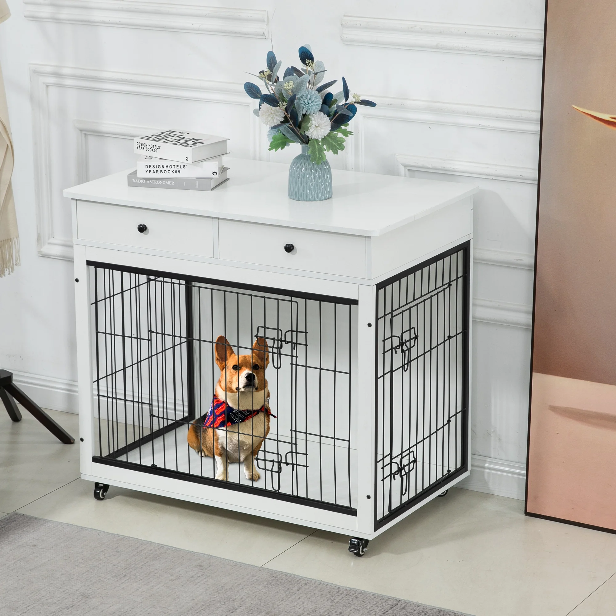 Dog Crate Furniture, Wooden Dog House, Decorative Dog Kennel with Drawer, Indoor Pet Crate End Table for Small Dog, Steel-Tube Dog Cage, Chew-Proof