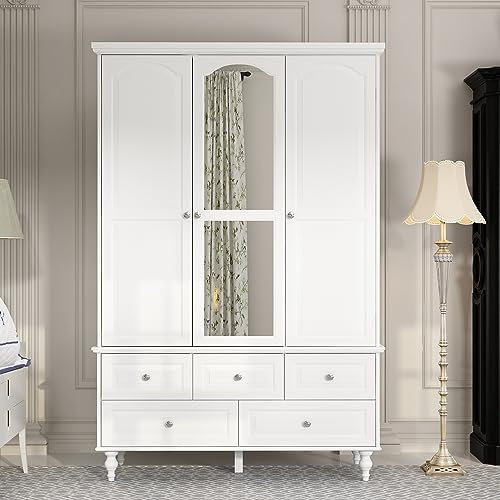 Hitow 3 Door Wardrobe Armoire Closet with Mirror, Retro Wardrobe Cabinet with 5 Drawers & Hanging Rod