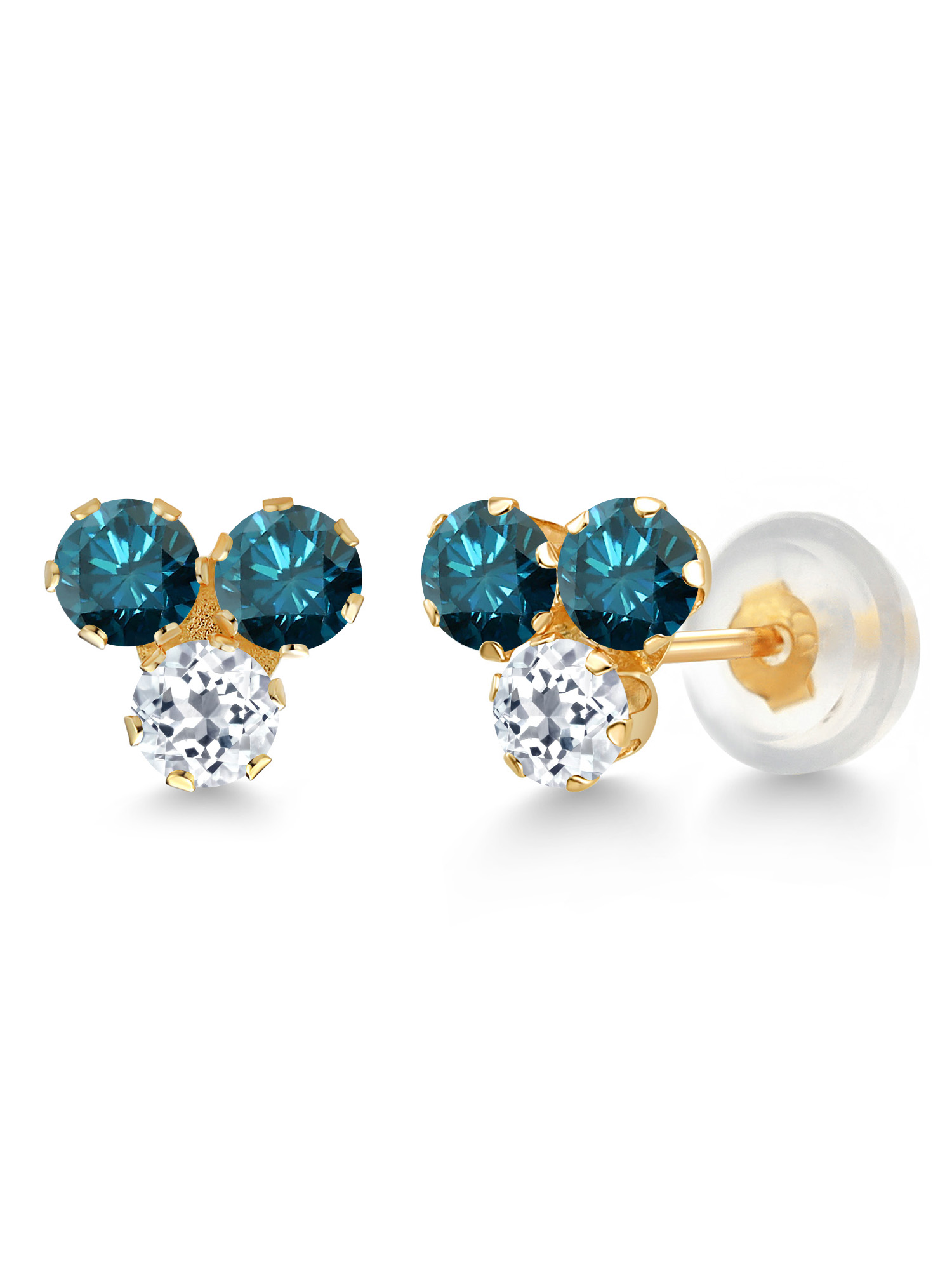 Gem Stone King 14K Yellow Gold Blue Diamond and White Topaz Three Stone Stud Earrings For Women (0.68 Cttw, Gemstone April Birthstone, Round 3MM)