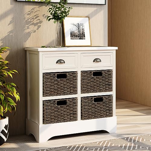 Console Table,Entry Storage Rustic Sofa Side Table, 28" Sideboard Buffet Cabinet with 2 Drawers and 4 Classic Rattan Basket