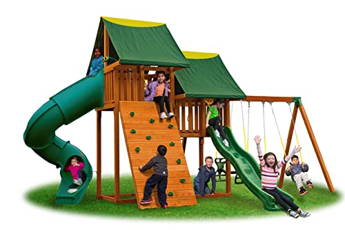 Sky Solid Cedar Wood Swing Set | Jungle Gym with Clubhouses, Rock Wall, Spiral Slide, Bottom Clubhouse, Wooden Step Ladder, Swings