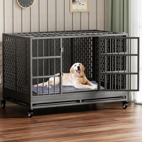 48/42/38 Inch Heavy Duty Dog Crate with Wheels, Folding Metal Big Dog Cage for Large and Medium Dogs