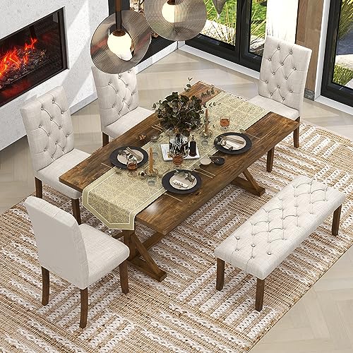 LUMISOL Wood Kitchen Dining Room Table Set for 6 Persons with Bench and Chairs