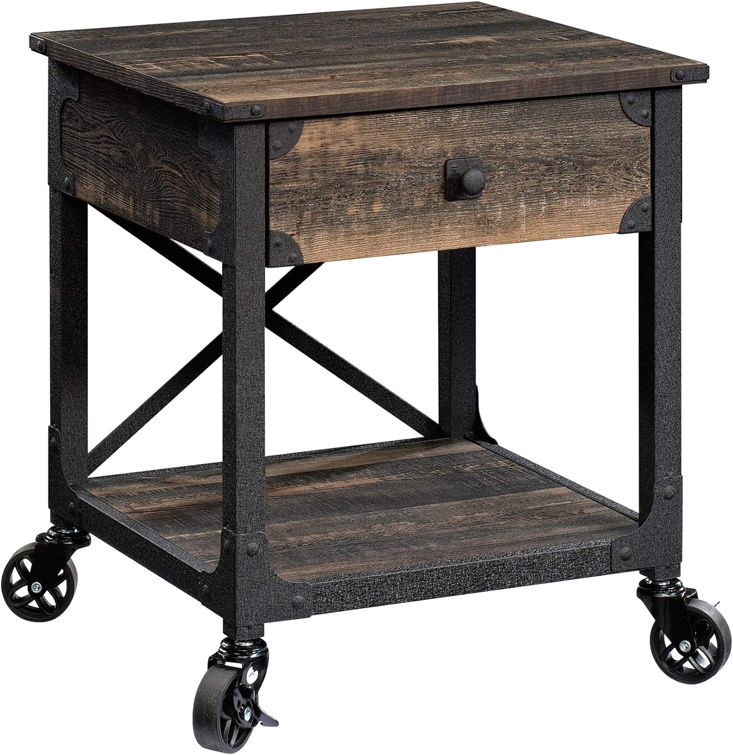 Sauder Steel River Side Table, L: 22.44 x W: 21.65 x H: 23.11, Carbon Oak Finish Pack of 2