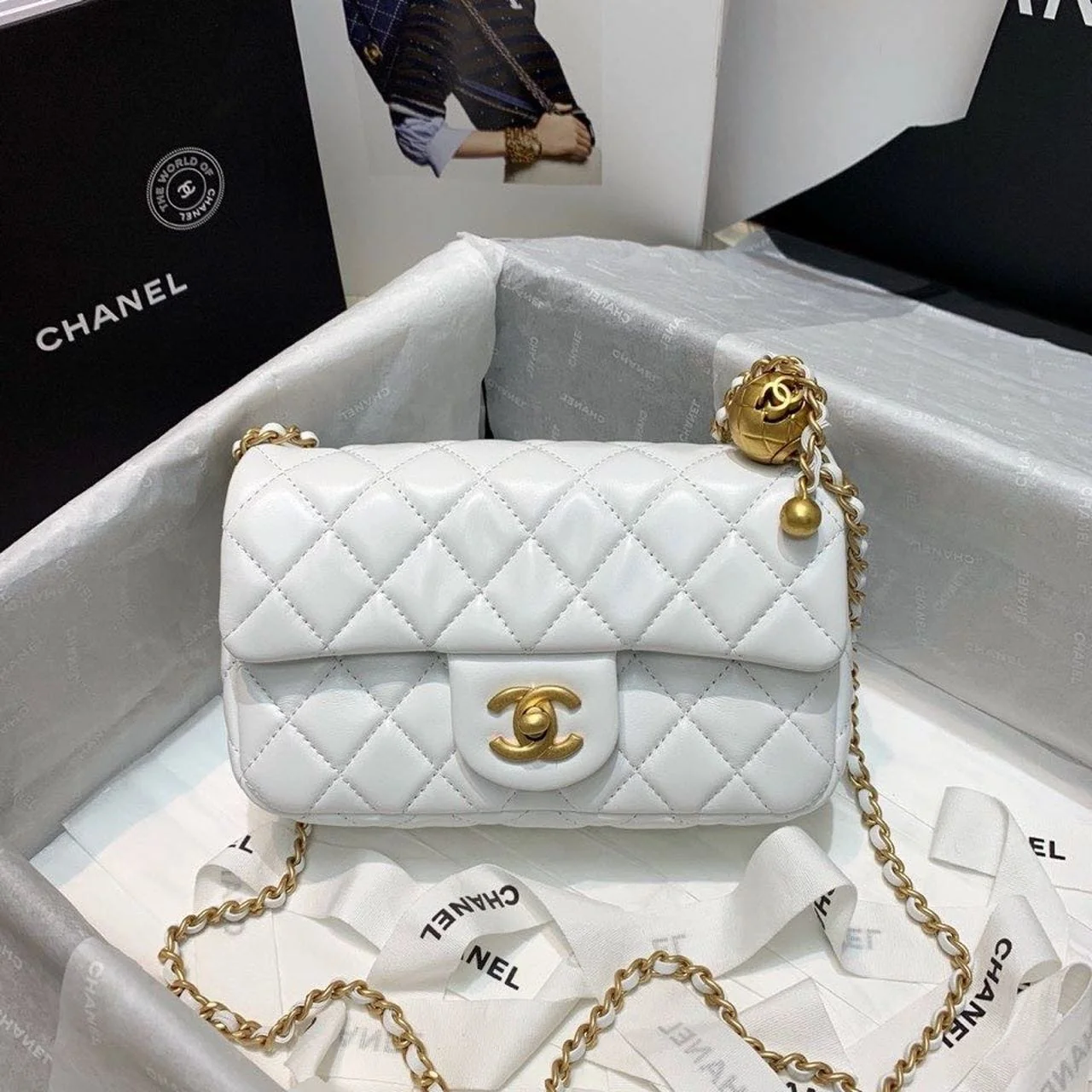 Chanel Classic Flap With Charm Chain With CC Details On Strap Bag 20cm Gold Hardware Lambskin Leather Spring/Summer Collection, White