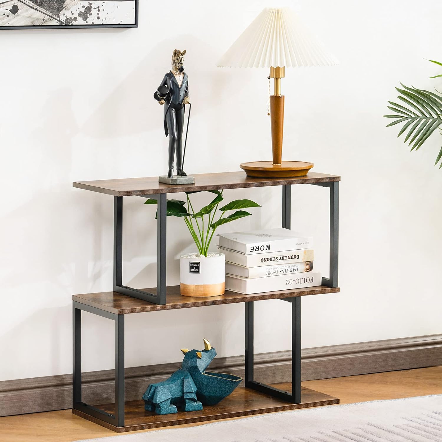 Apicizon Industrial Bookshelves Wooden Bookcase, 2-Tier Bookshelf, S-Shaped Bookshelf Modern Bookshelf