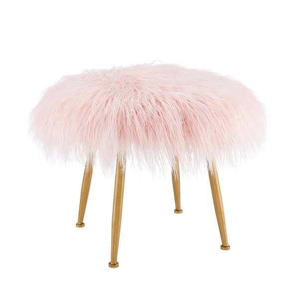 Linon Mira Faux Fur Stool, Gold/Pink