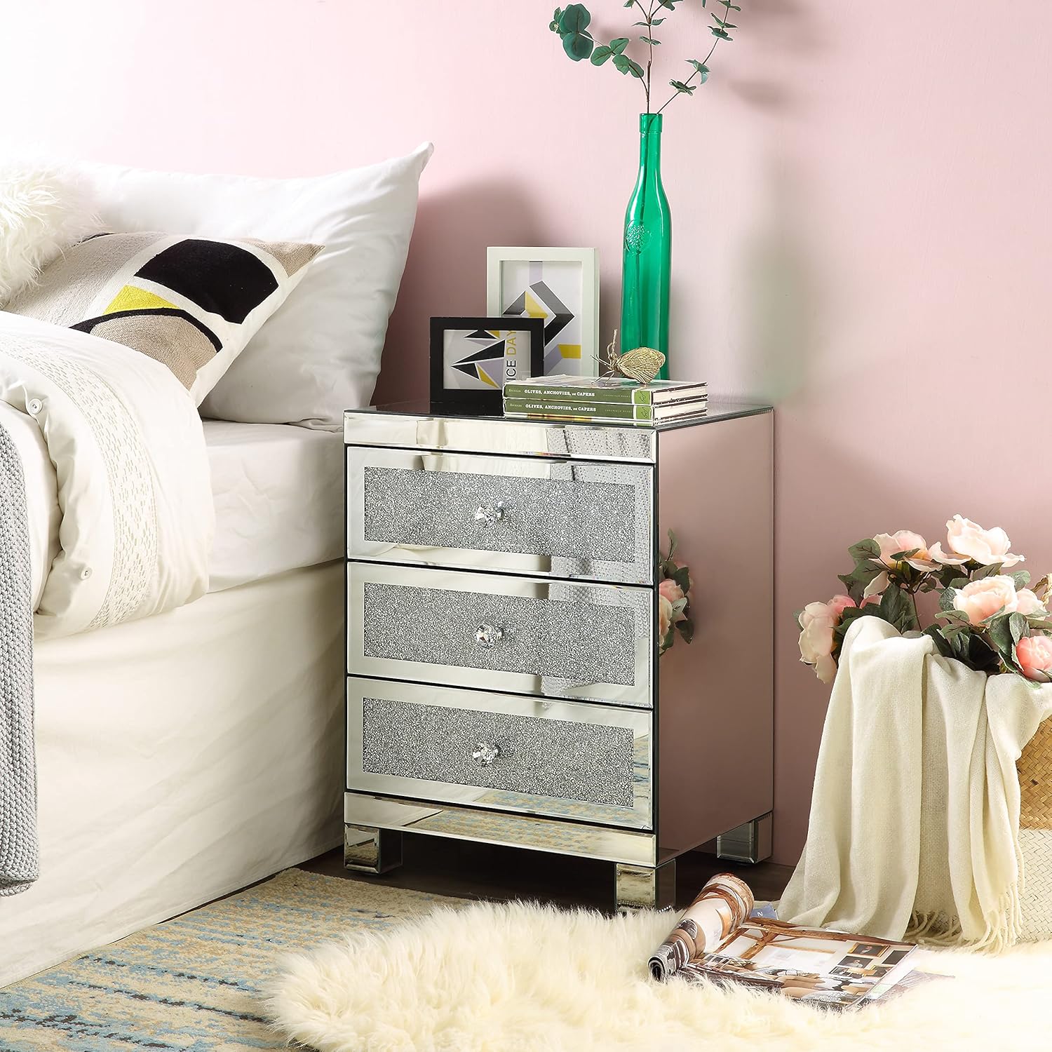 Mirrored Nightstand with 3 Drawers, Modern Small Crystal Diamond End Table Mirror Accent Silver Table